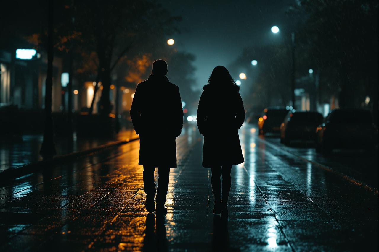 娱乐圈知名夫妻宣布离婚，雨夜中两人走向不同方向的剪影